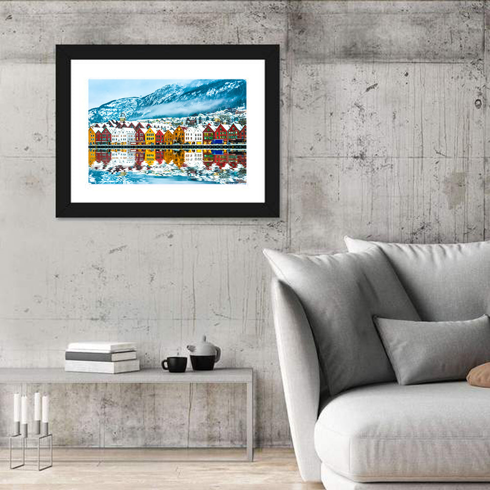 Bryggen Wharf in Bergen Wall Art in a room, landscape