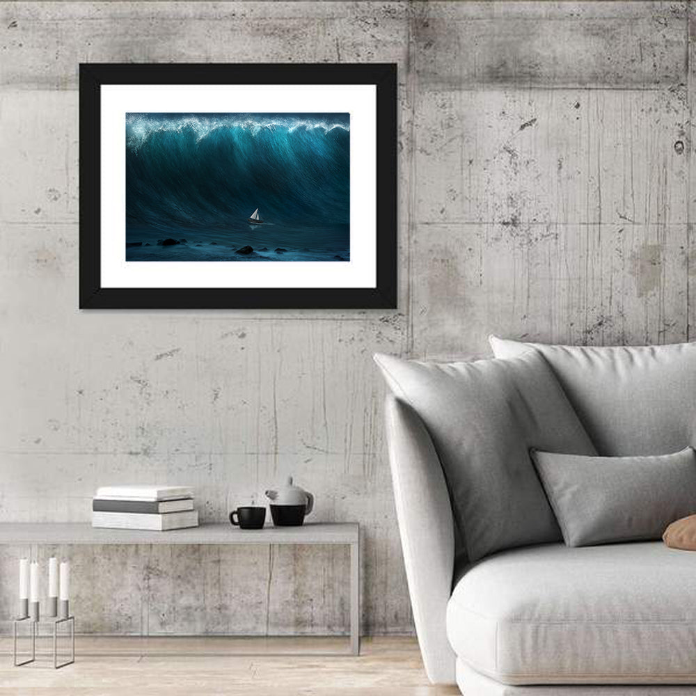 Sailboat Against Giant Wave Wall Art in a room, landscape