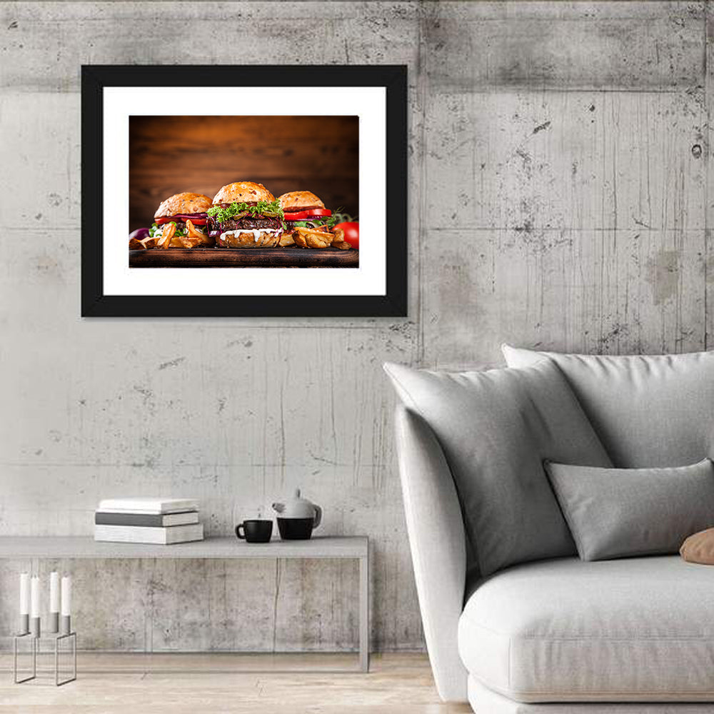 Rustic Homemade Burger Trio Wall Art in a room, landscape