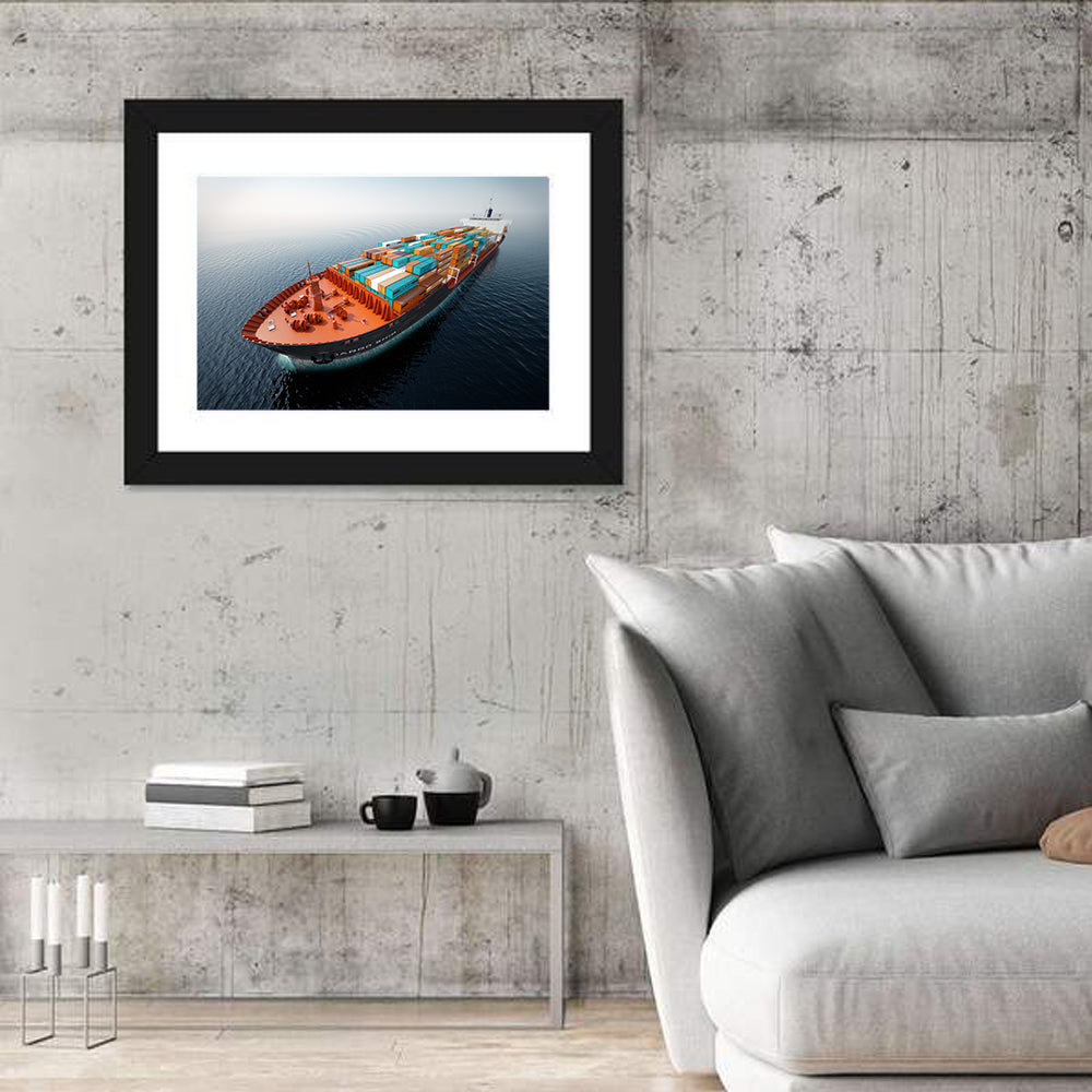 Container Ship at Sea Wall Art in a room, landscape