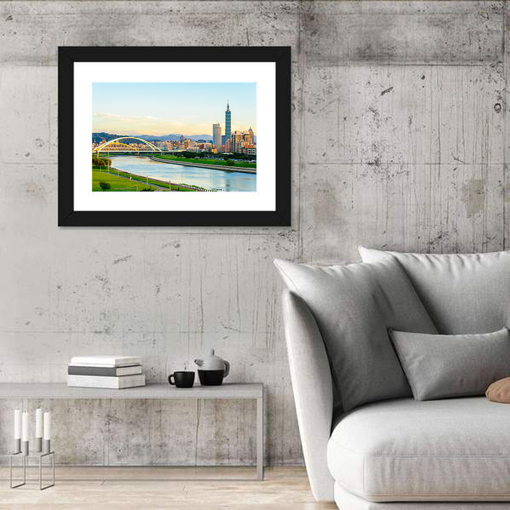 Taipei Skyline at Golden Hour Wall Art in a room, landscape