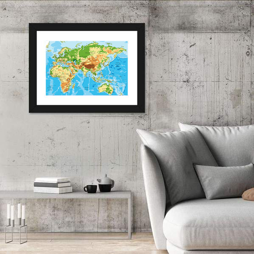Physical World Map Wall Art in a room, landscape