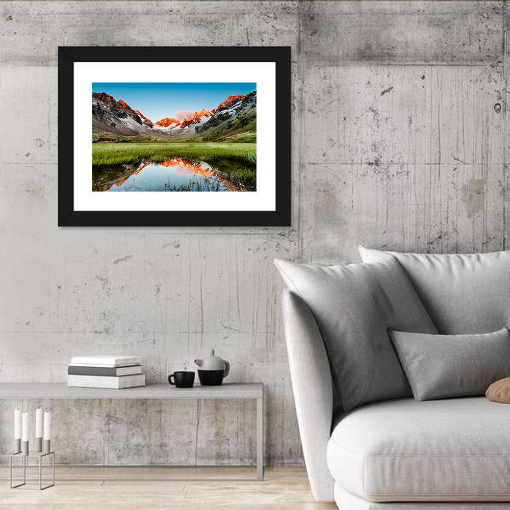 Austrian Peaks Mirrored in Lake Wall Art in a room, landscape