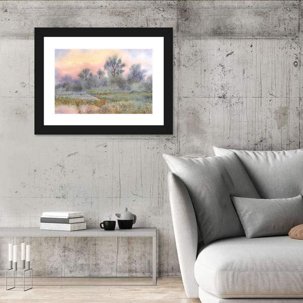 Morning Mist Over Meadow Wall Art in a room, landscape