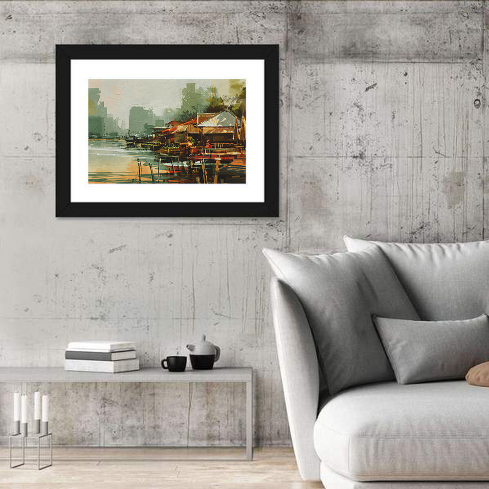 Old Fishing Village Watercolor Wall Art in a room, landscape