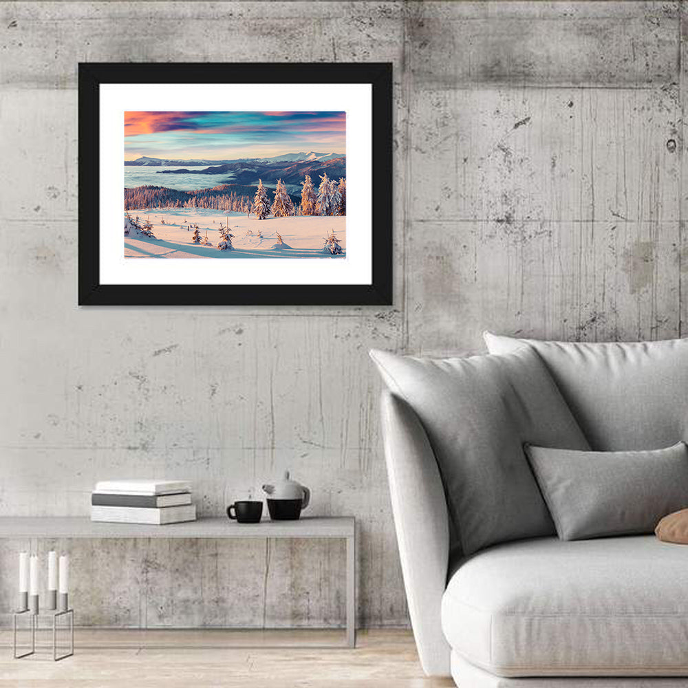 Snowy Alpine Sunset Wall Art in a room, landscape