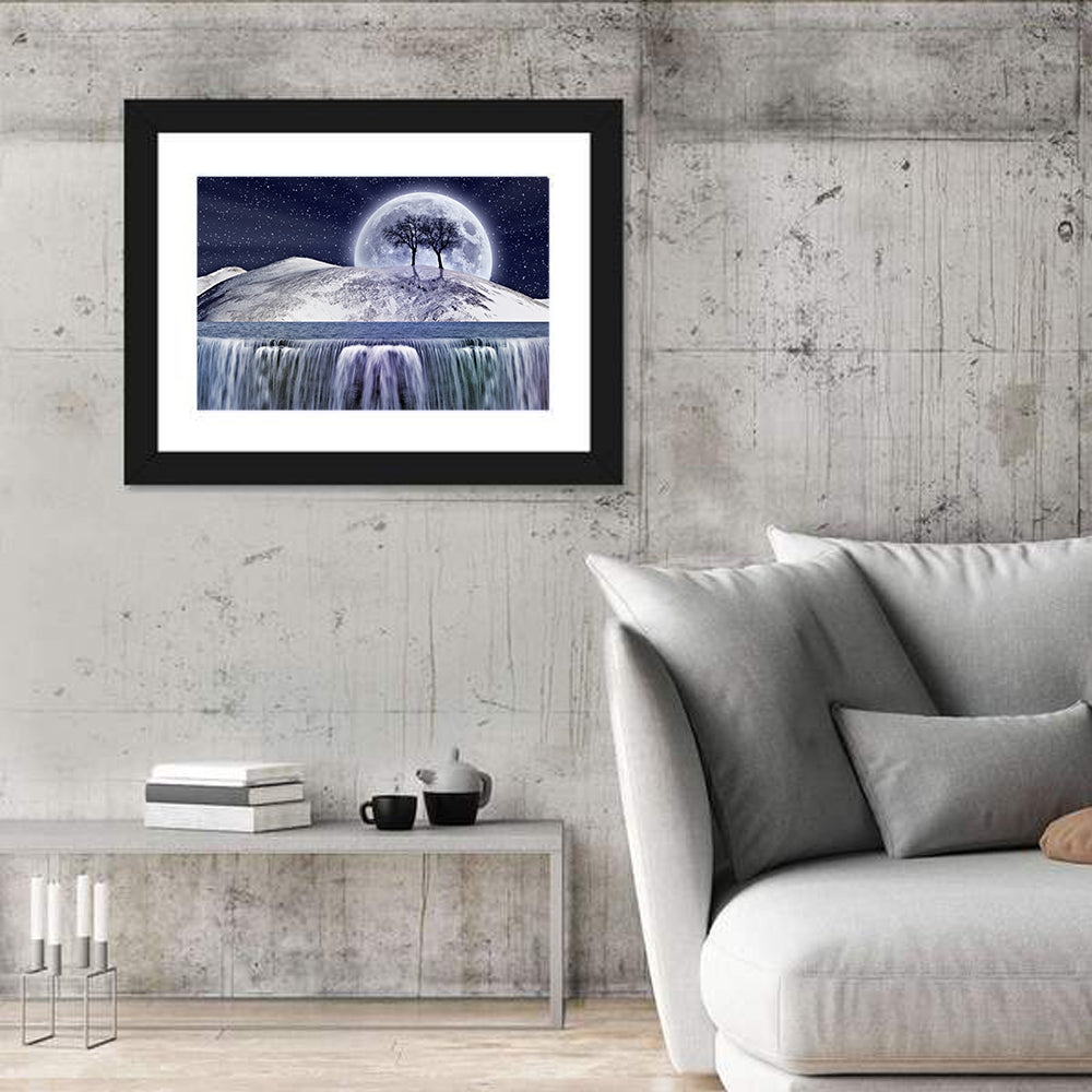 Moonlit Snowy Mountain Waterfall Wall Art in a room, landscape