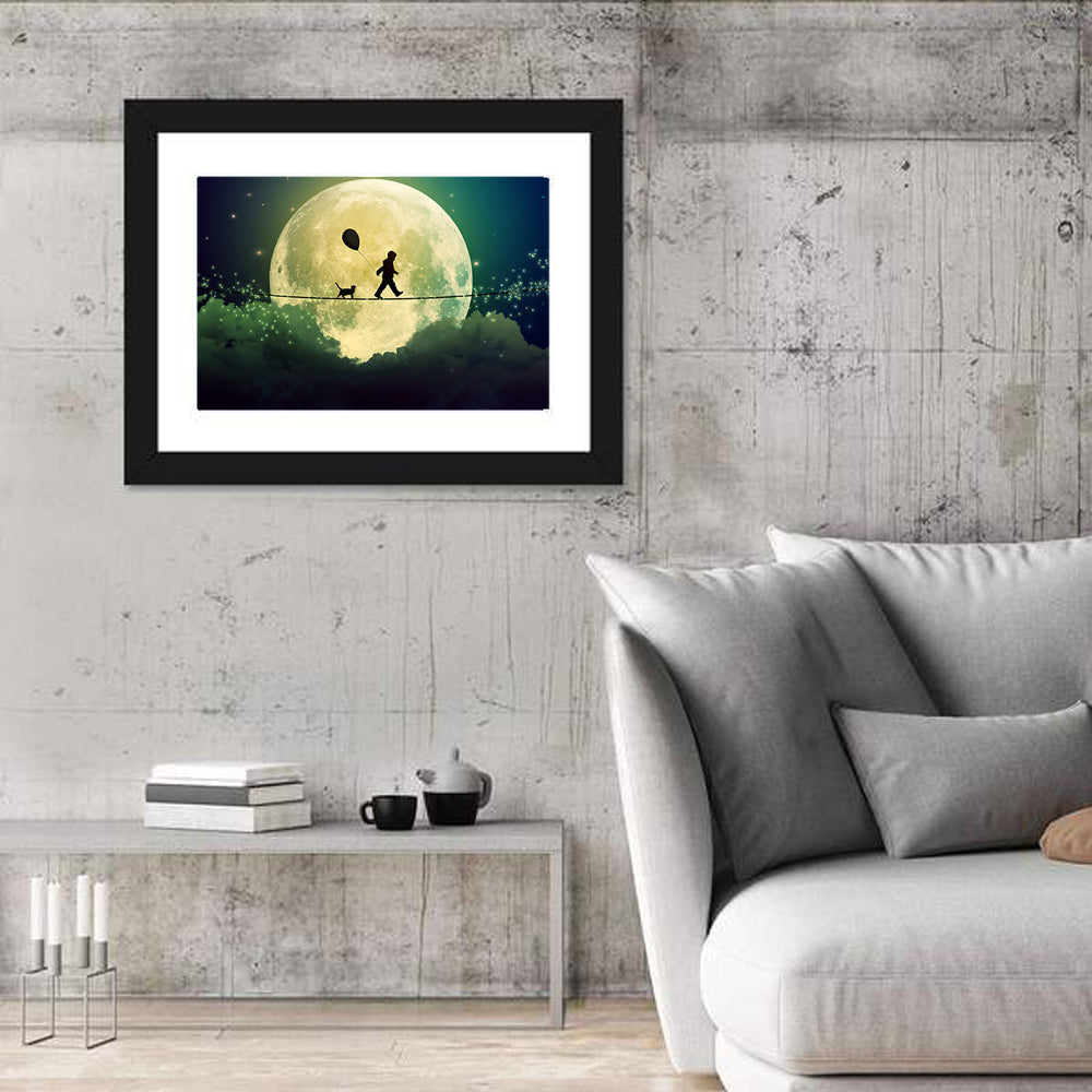 Happy Boy and Cat Under Moonlight Wall Art in a room, landscape