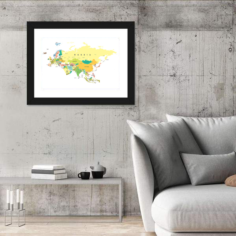 Eurasia Map with Country Labels Wall Art in a room, landscape