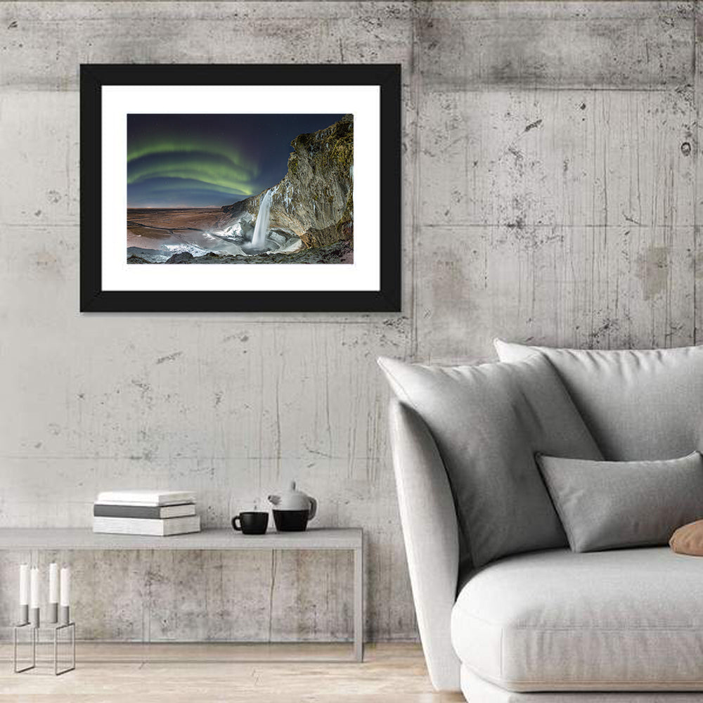 Seljalandsfoss Waterfall Nightscape Wall Art in a room, landscape
