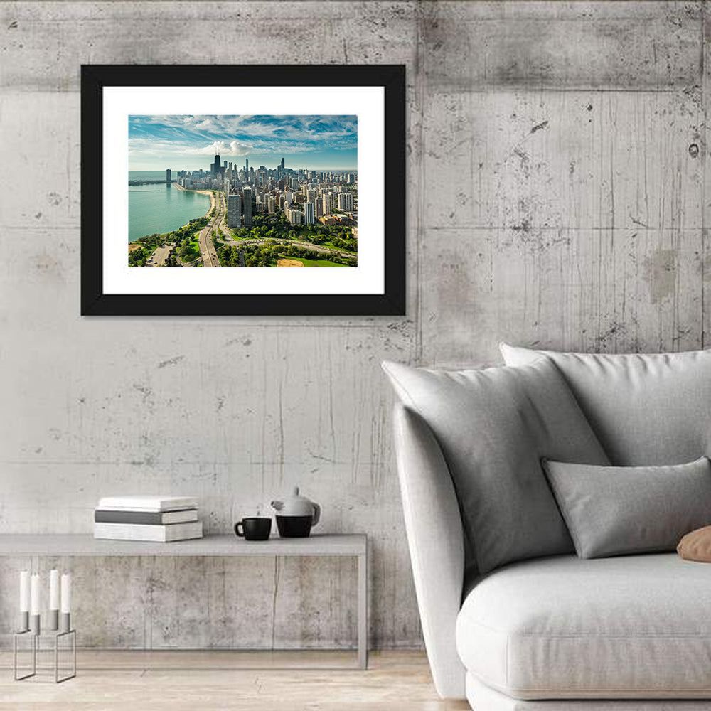 Chicago Lakefront Skyline Wall Art in a room, landscape