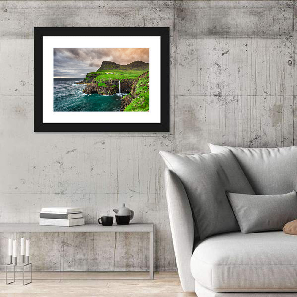 Gásadalur Múlafossur Waterfall Wall Art in a room, landscape