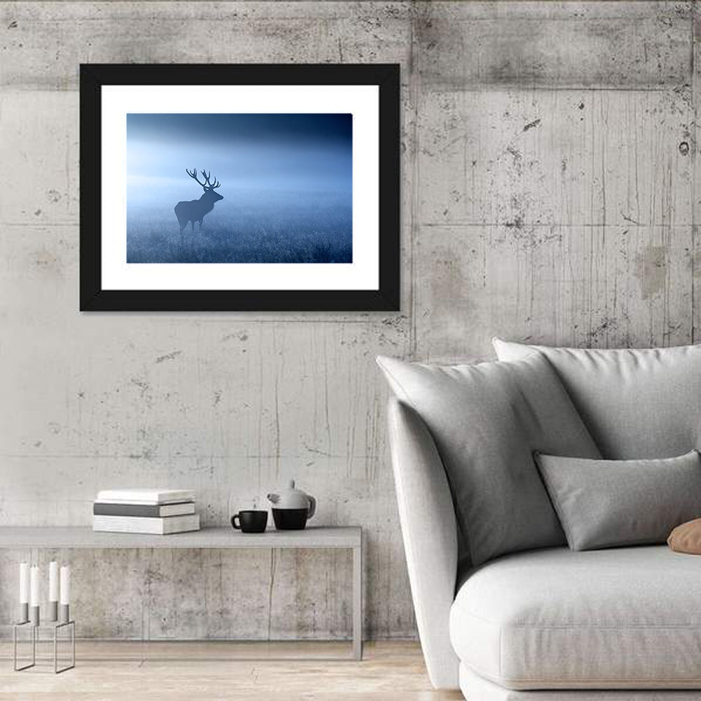 Red Deer Stag Silhouette Wall Art in a room, landscape
