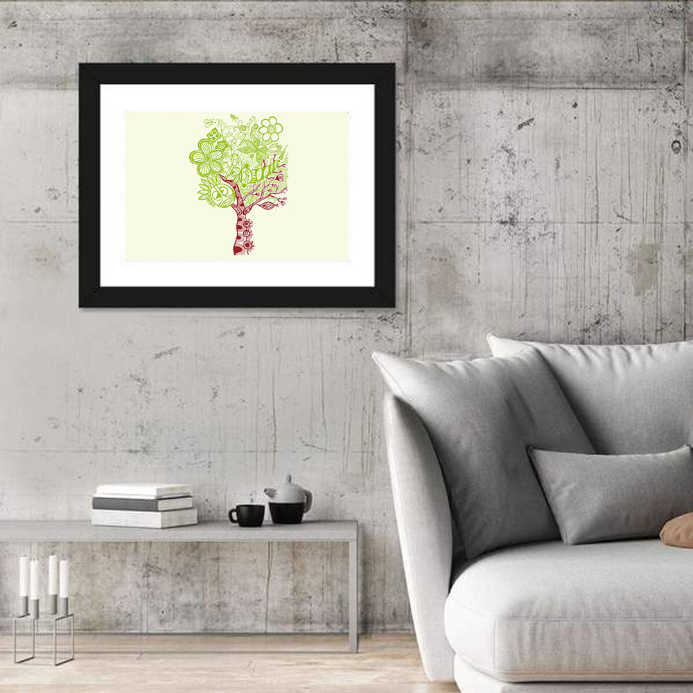 Surreal Tree with Sun Face Wall Art in a room, landscape