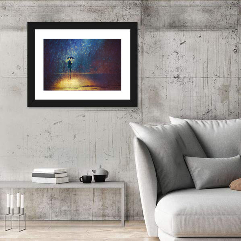 Woman Under Glowing Umbrella Wall Art in a room, landscape
