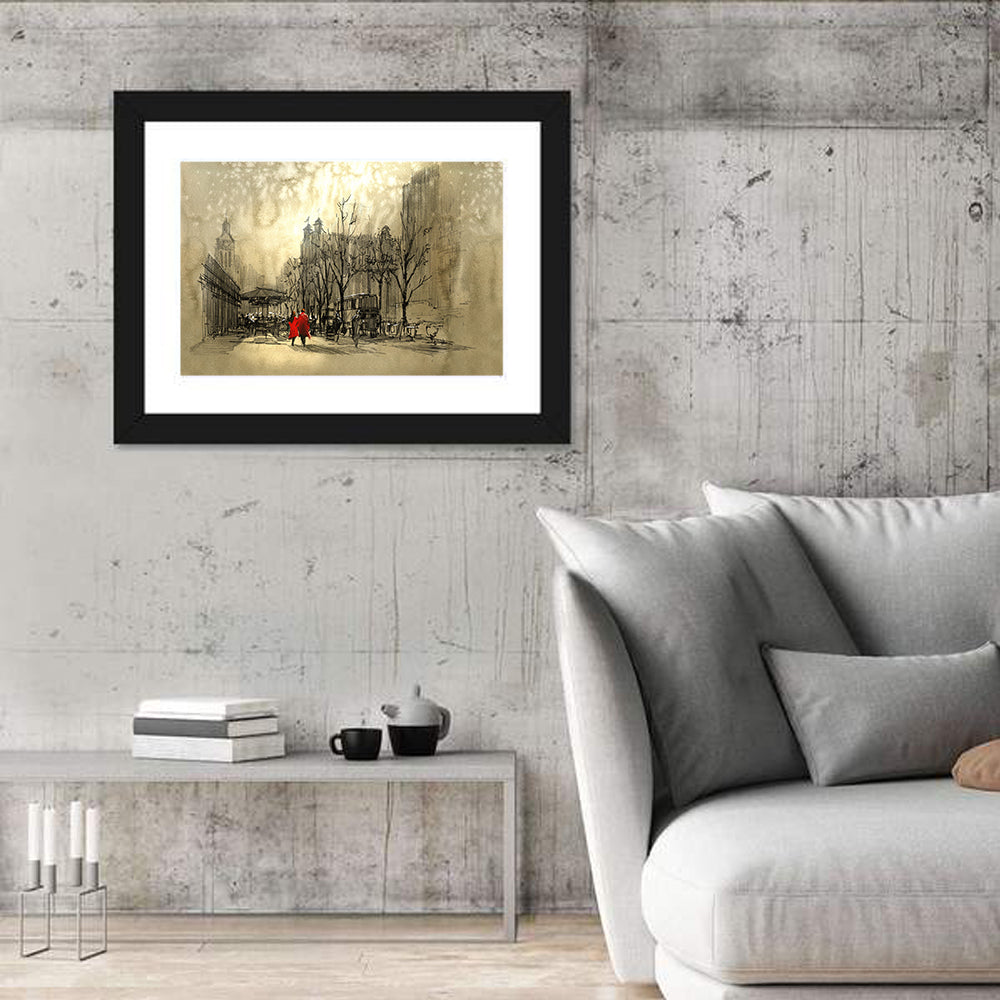 Couple in Red Coats on City Street Wall Art in a room, landscape