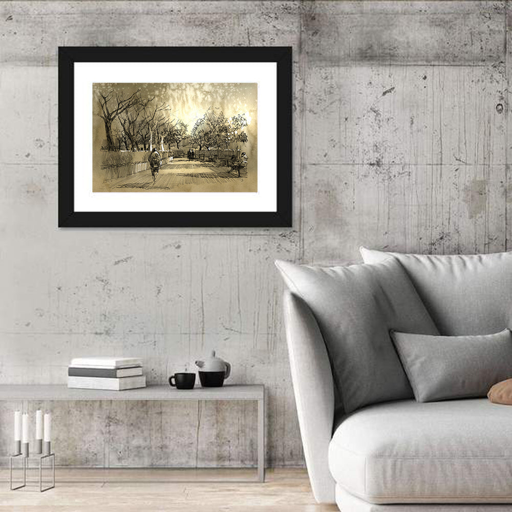Late Afternoon Park Walkway Sketch Wall Art in a room, landscape