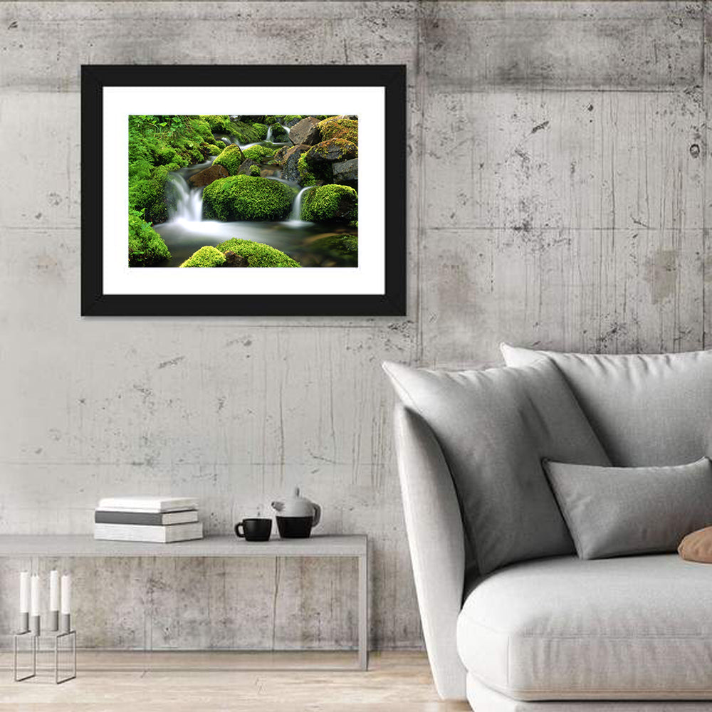Mossy Mountain Stream Wall Art in a room, landscape