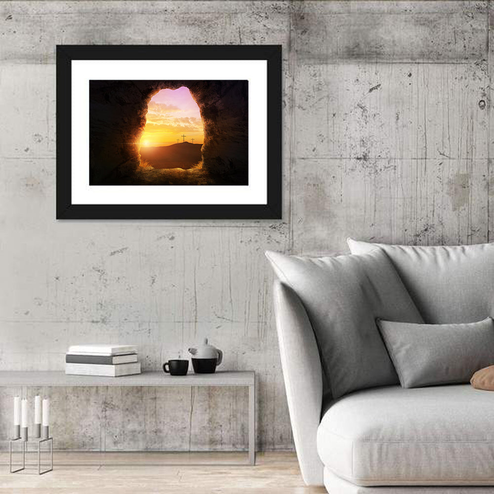 Empty Tomb with Three Crosses Wall Art in a room, landscape