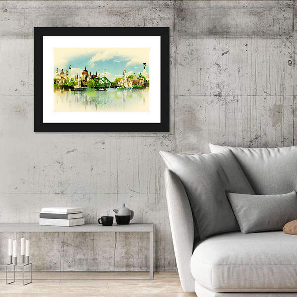 Budapest Riverfront Watercolor Wall Art in a room, landscape