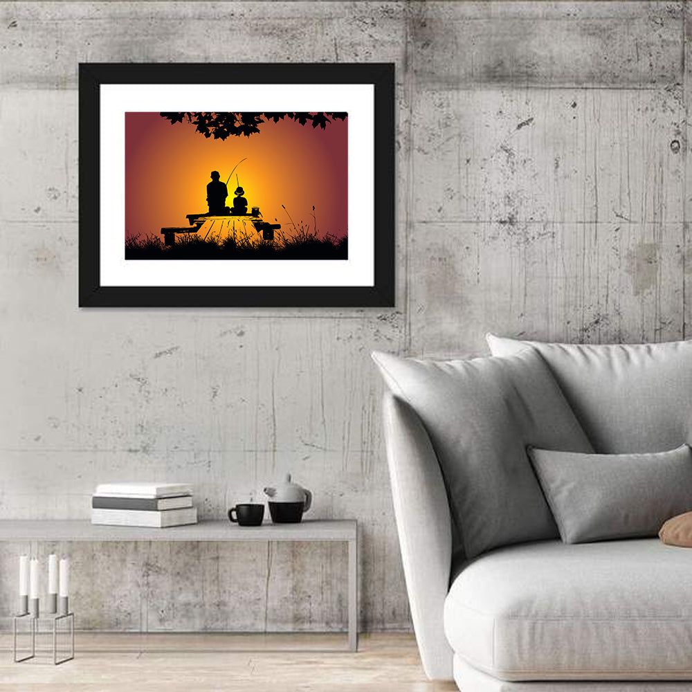 Dockside Sunset Fishing Silhouette Wall Art in a room, landscape