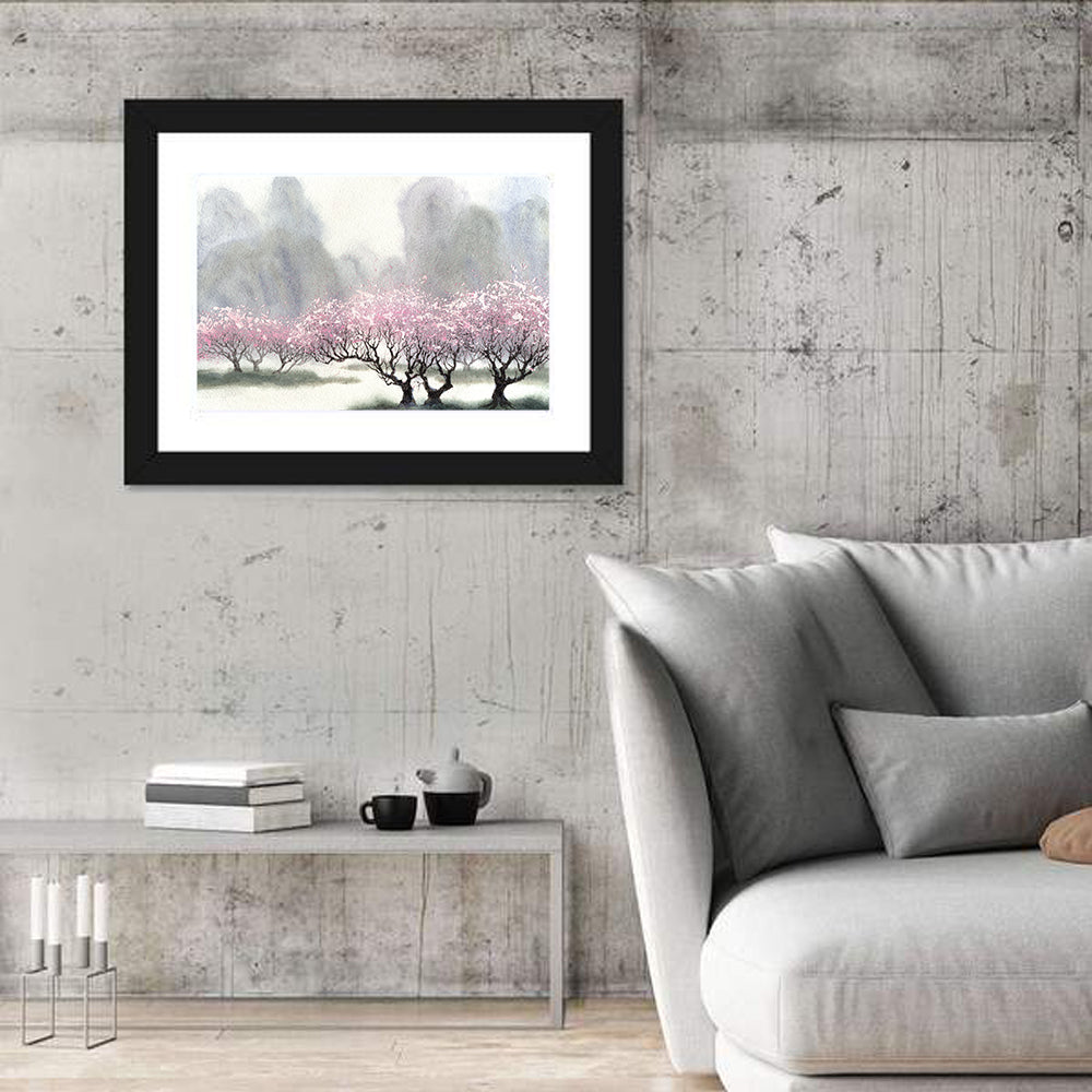 Cherry Blossom Orchard by the River Wall Art in a room, landscape