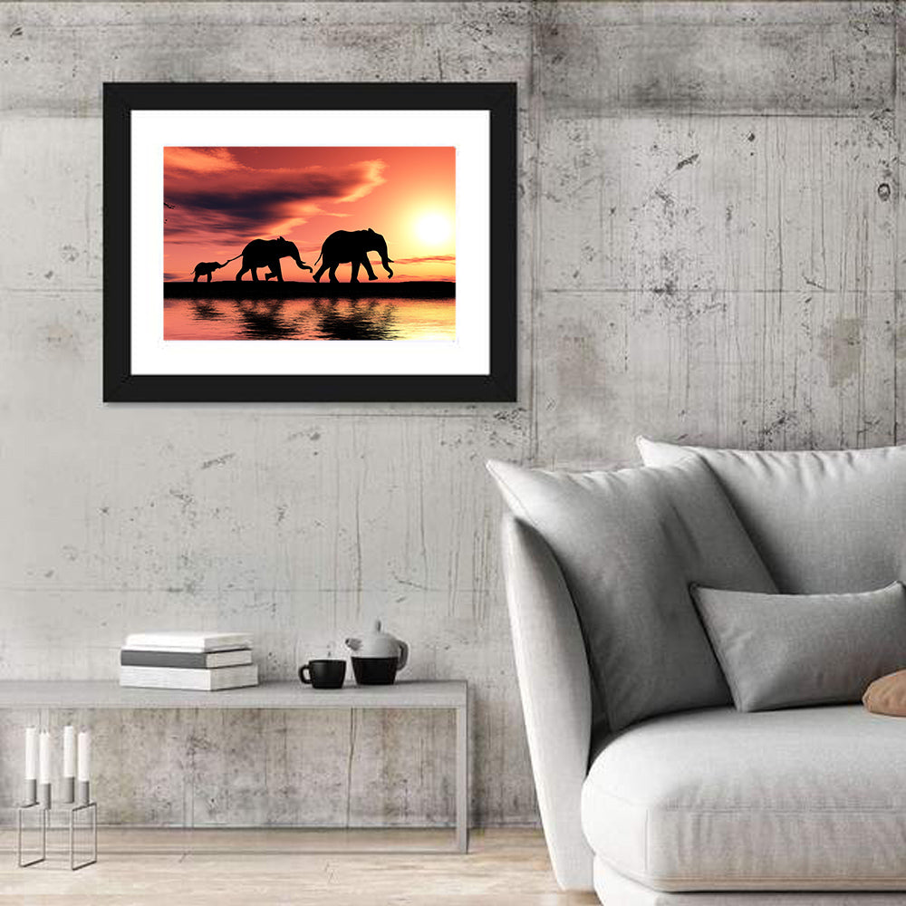 Marching Elephants at Sunset Wall Art in a room, landscape