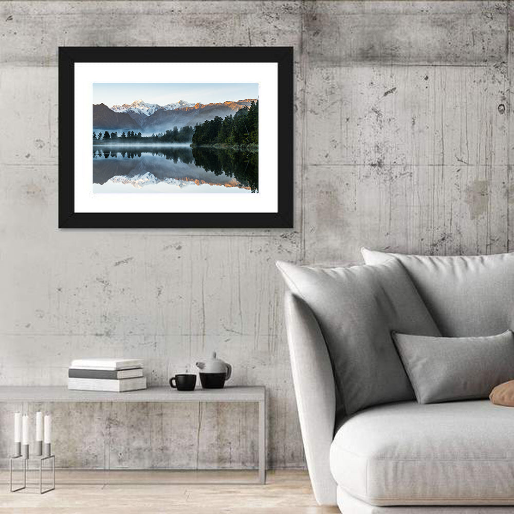 Early Morning Lake Reflection Wall Art in a room, landscape