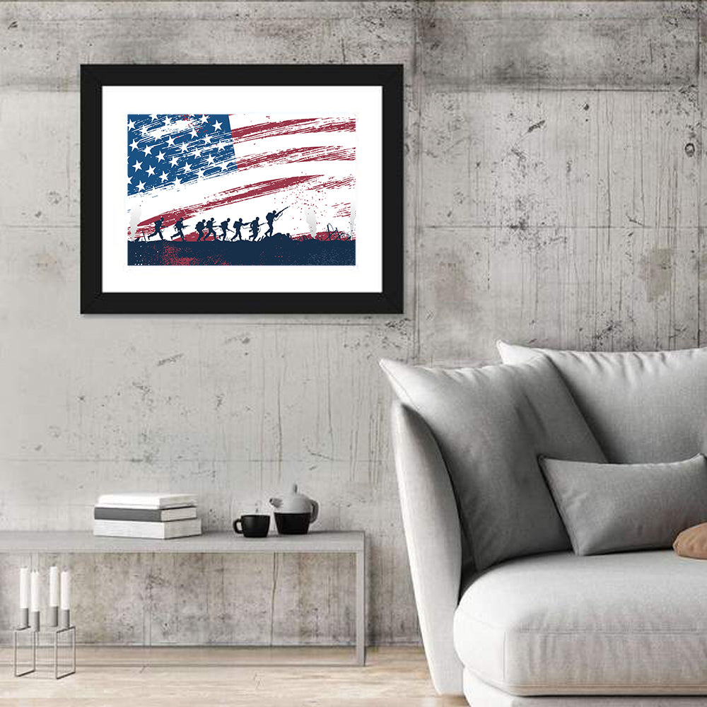 Silhouetted Soldiers with Distressed American Flag Wall Art in a room, landscape