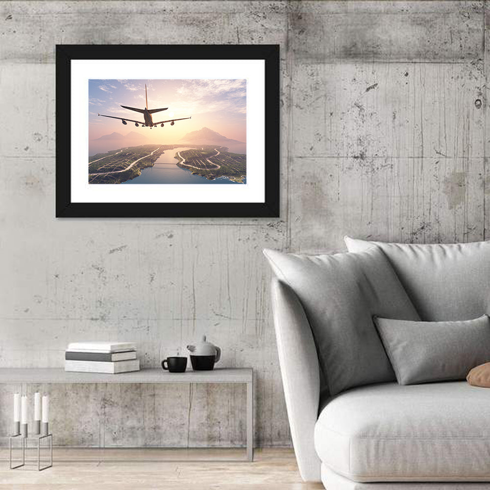 Airplane Over Island at Sunset Wall Art in a room, landscape