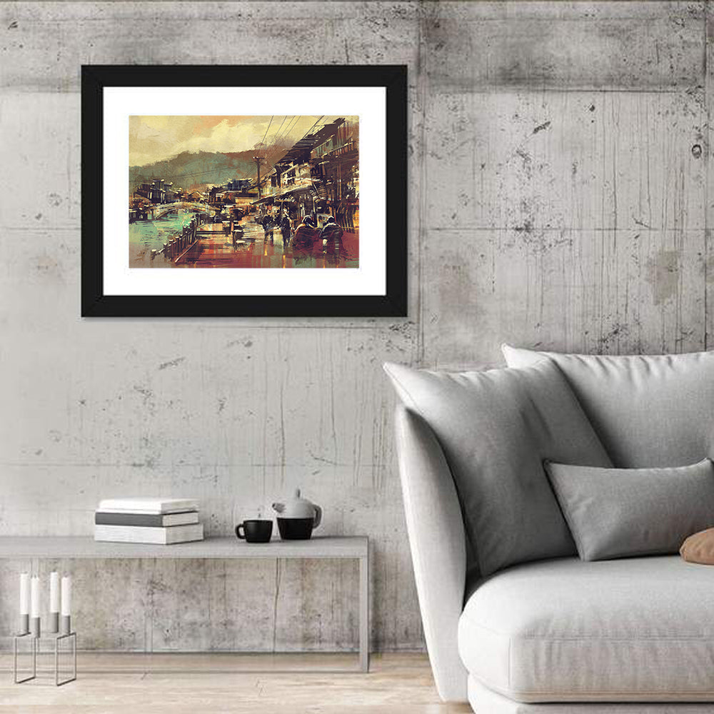 Old Riverside Village at Dusk Wall Art in a room, landscape