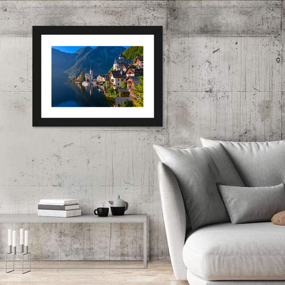 Hallstatt Lakeside Reflections Wall Art in a room, landscape