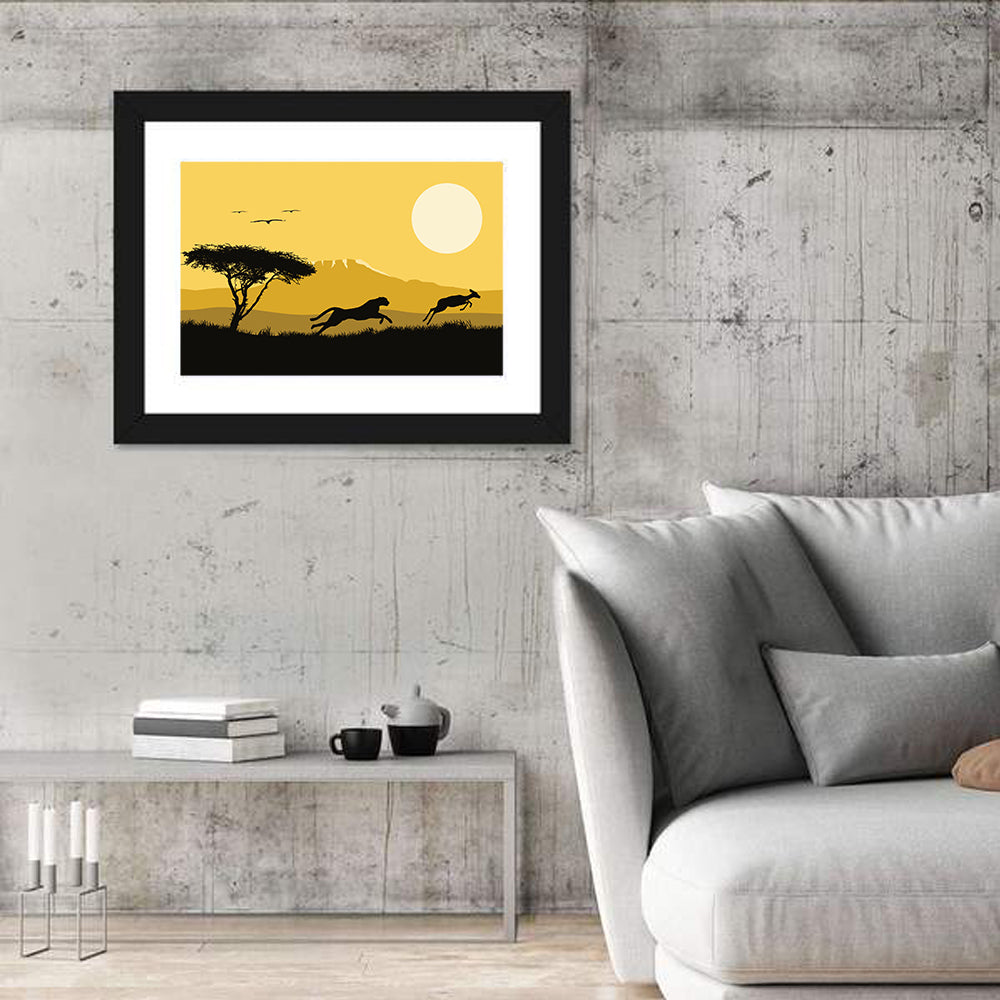 Savannah Sunset Silhouette Wall Art in a room, landscape