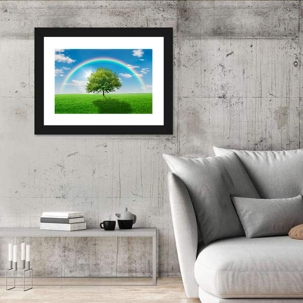 Oak Tree on Green Meadow Wall Art in a room, landscape