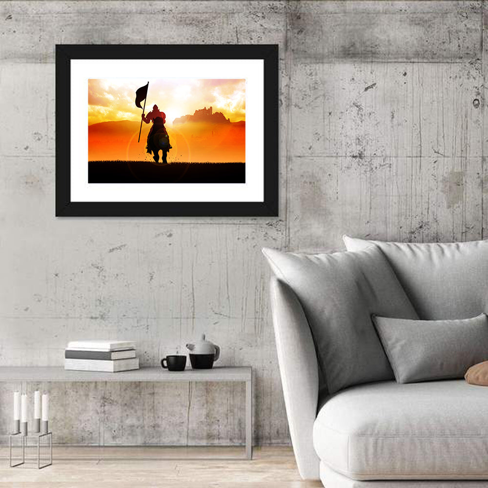 Knight Silhouette at Sunset Wall Art in a room, landscape