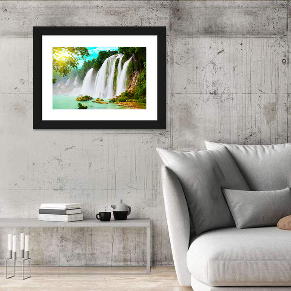 Sunlit Ban Gioc Waterfall Wall Art in a room, landscape