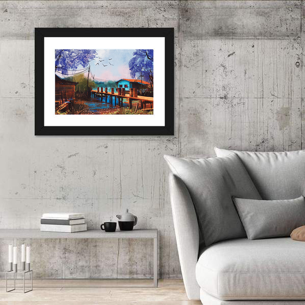 Rustic Fishing Village Pier Wall Art in a room, landscape