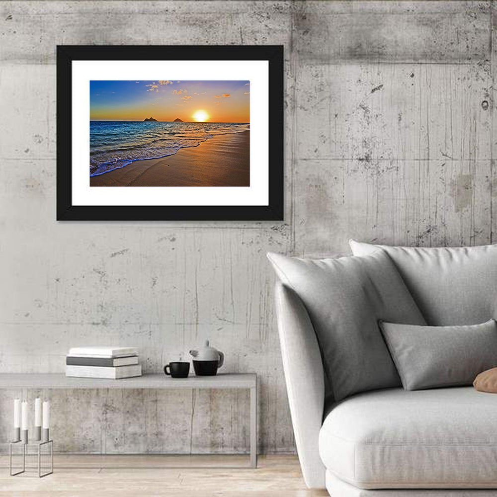Lanikai Sunrise Over Mokulua Islands Wall Art in a room, landscape