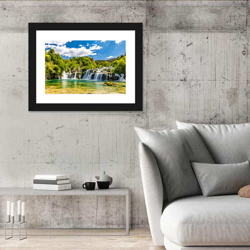 Skradinski Buk Cascading Waterfall Wall Art in a room, landscape
