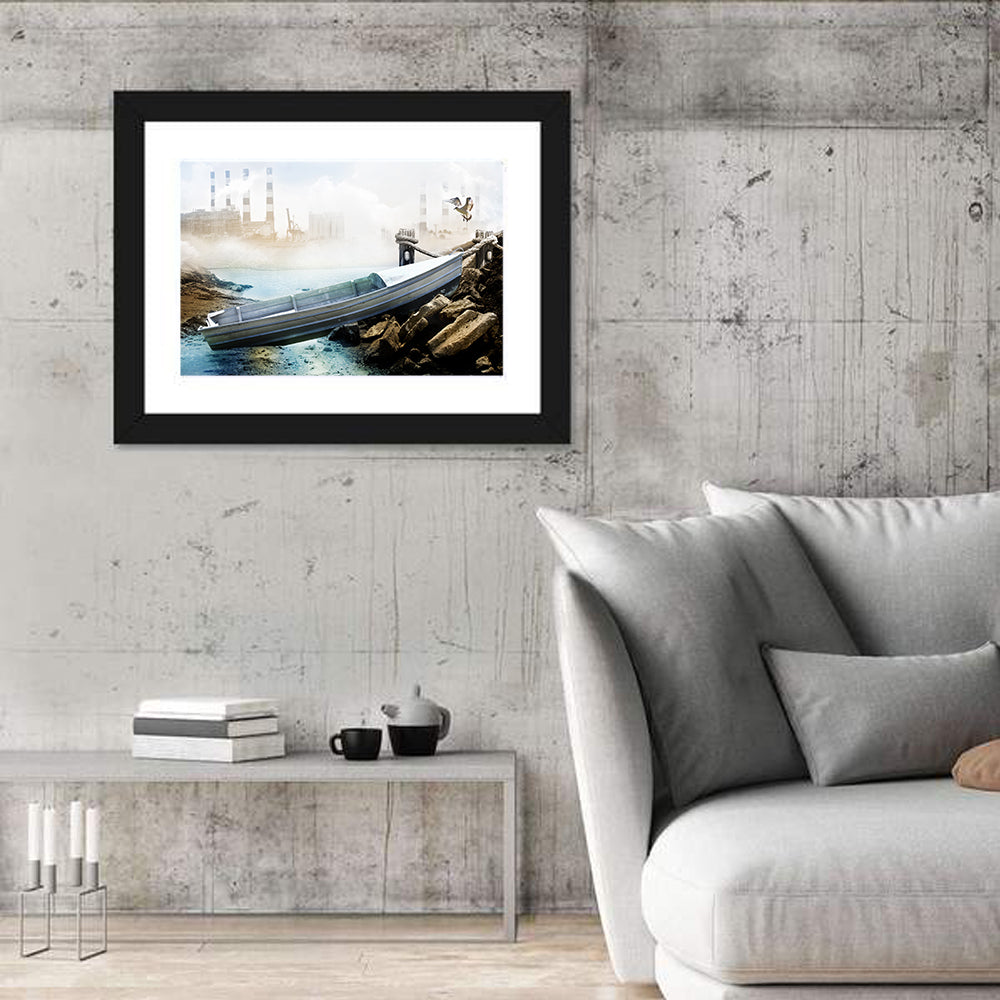Aluminum Boat on Dry Lake Bed Wall Art in a room, landscape