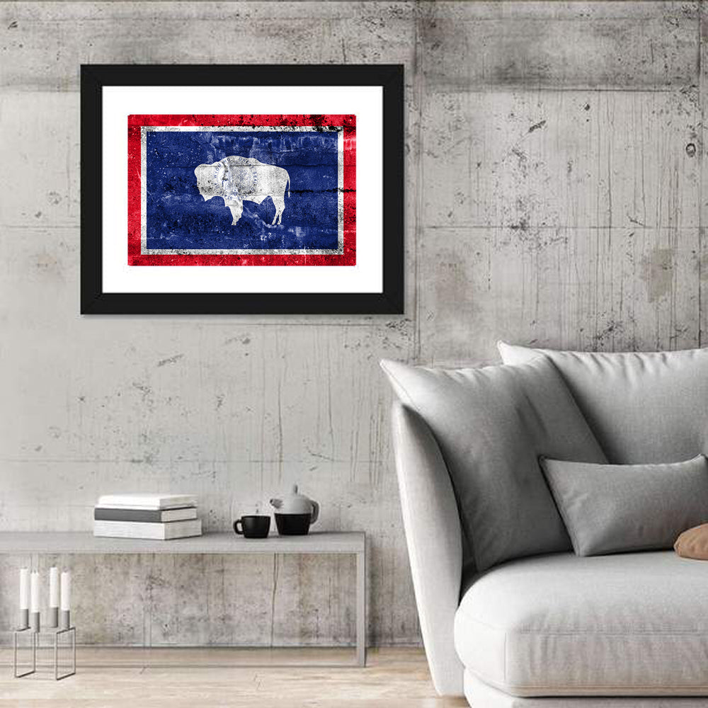 Wyoming State Flag Wall Art in a room, landscape