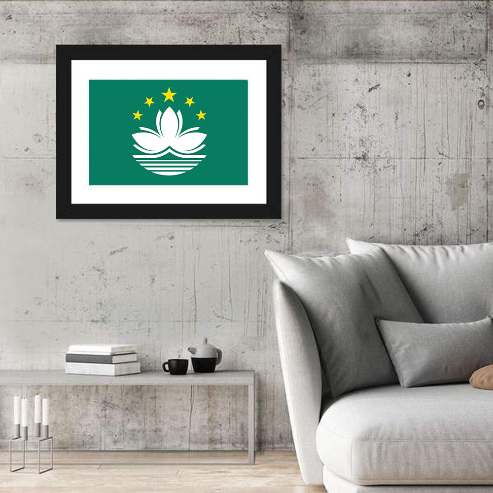 Macau Flag Emblem Wall Art in a room, landscape