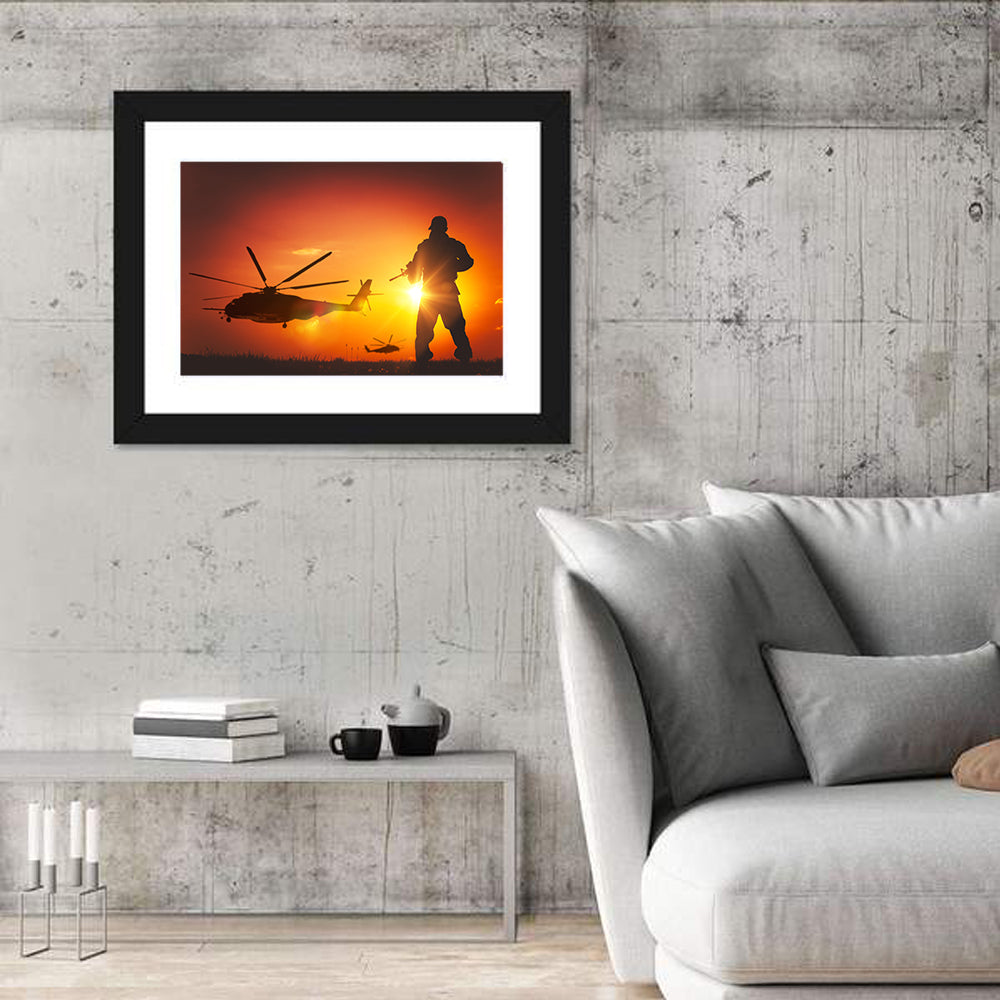 Soldier Silhouette at Sunset Wall Art in a room, landscape