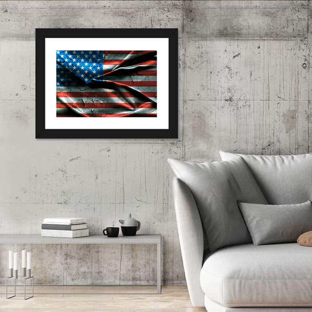Distressed American Flag Wall Art in a room, landscape