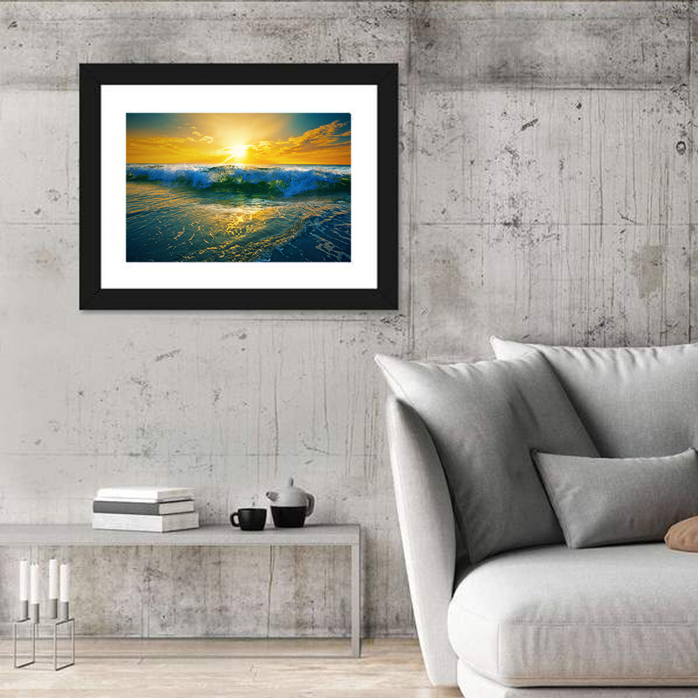 Breaking Wave at Sunrise Wall Art in a room, landscape