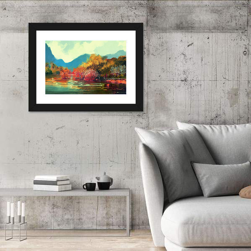 Golden Autumn Lake Reflection Wall Art in a room, landscape