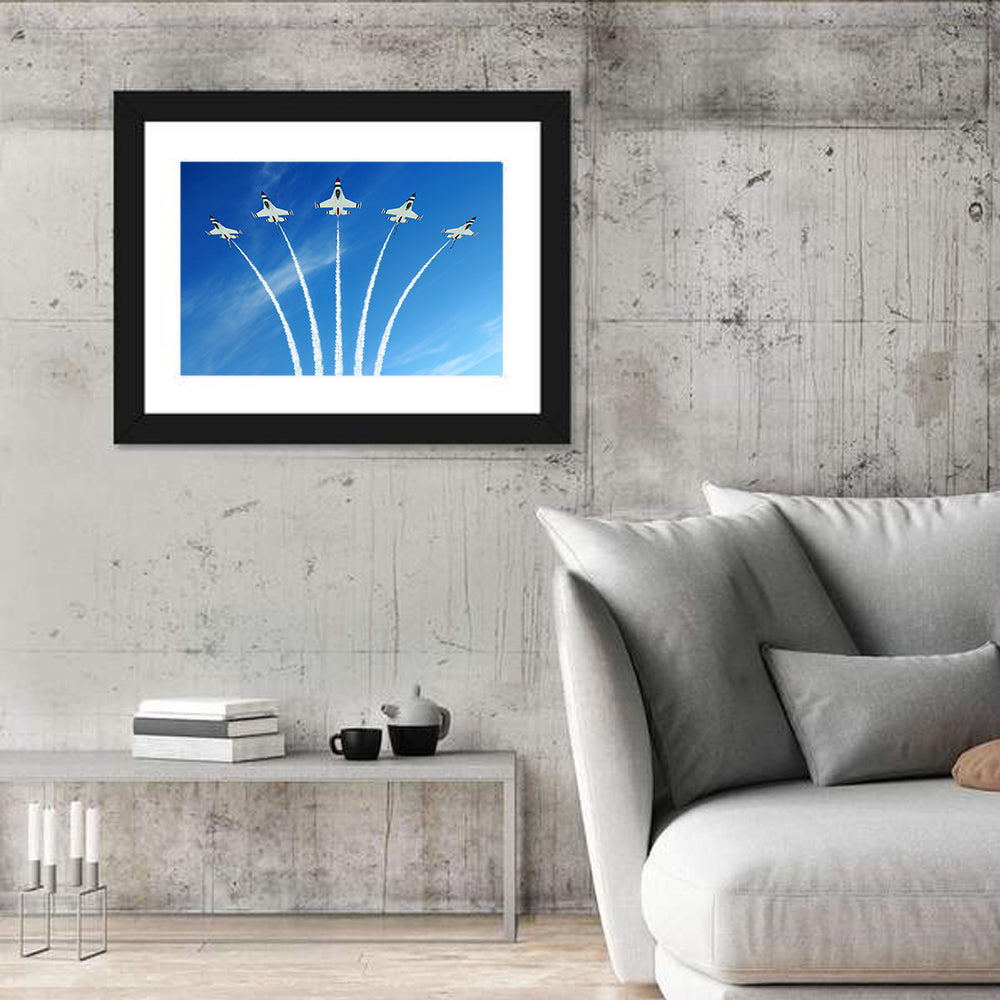 Five Fighter Jets Aerobatic Formation Wall Art in a room, landscape