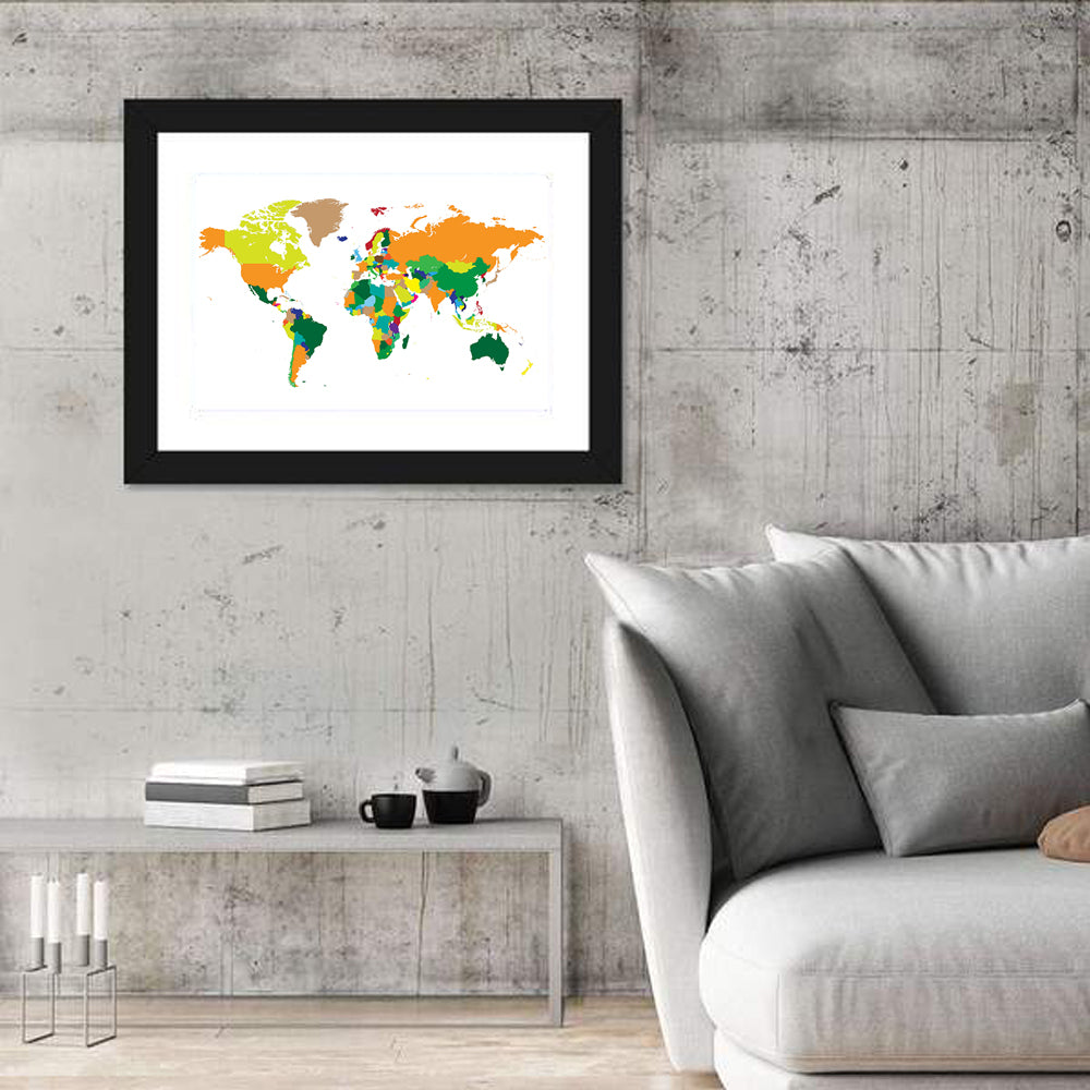 Modern Graphic World Map Wall Art in a room, landscape