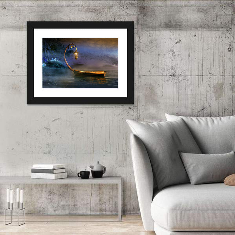 Lantern Boat on a Misty Lake Wall Art in a room, landscape