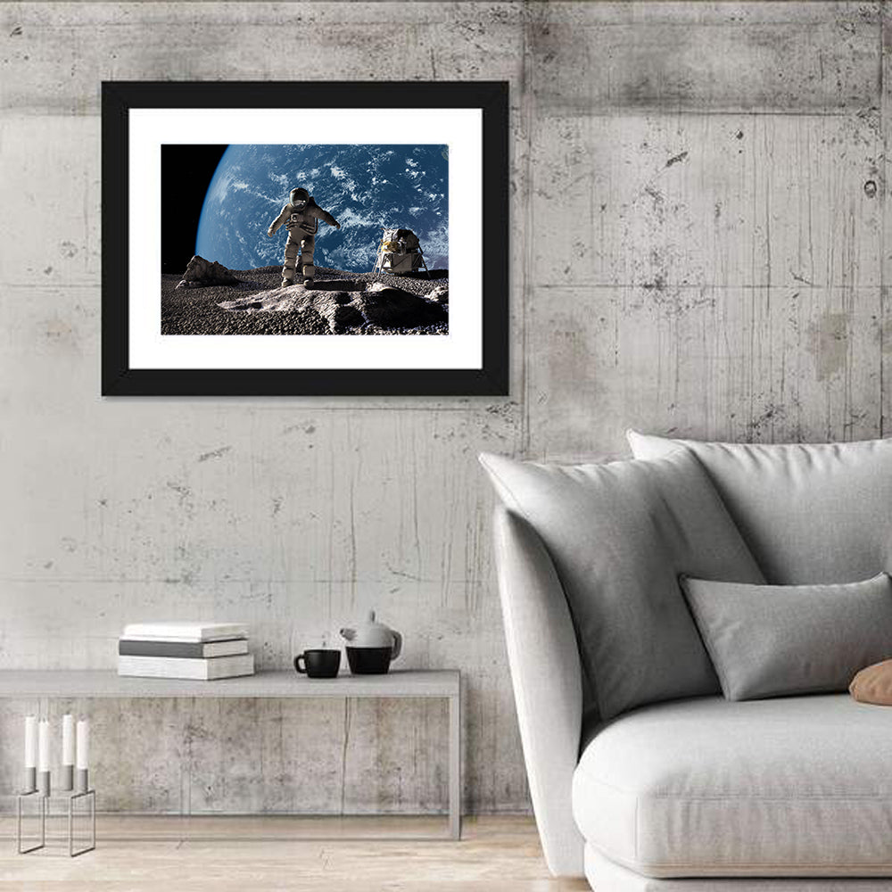 Astronaut on Cratered Planet Wall Art in a room, landscape